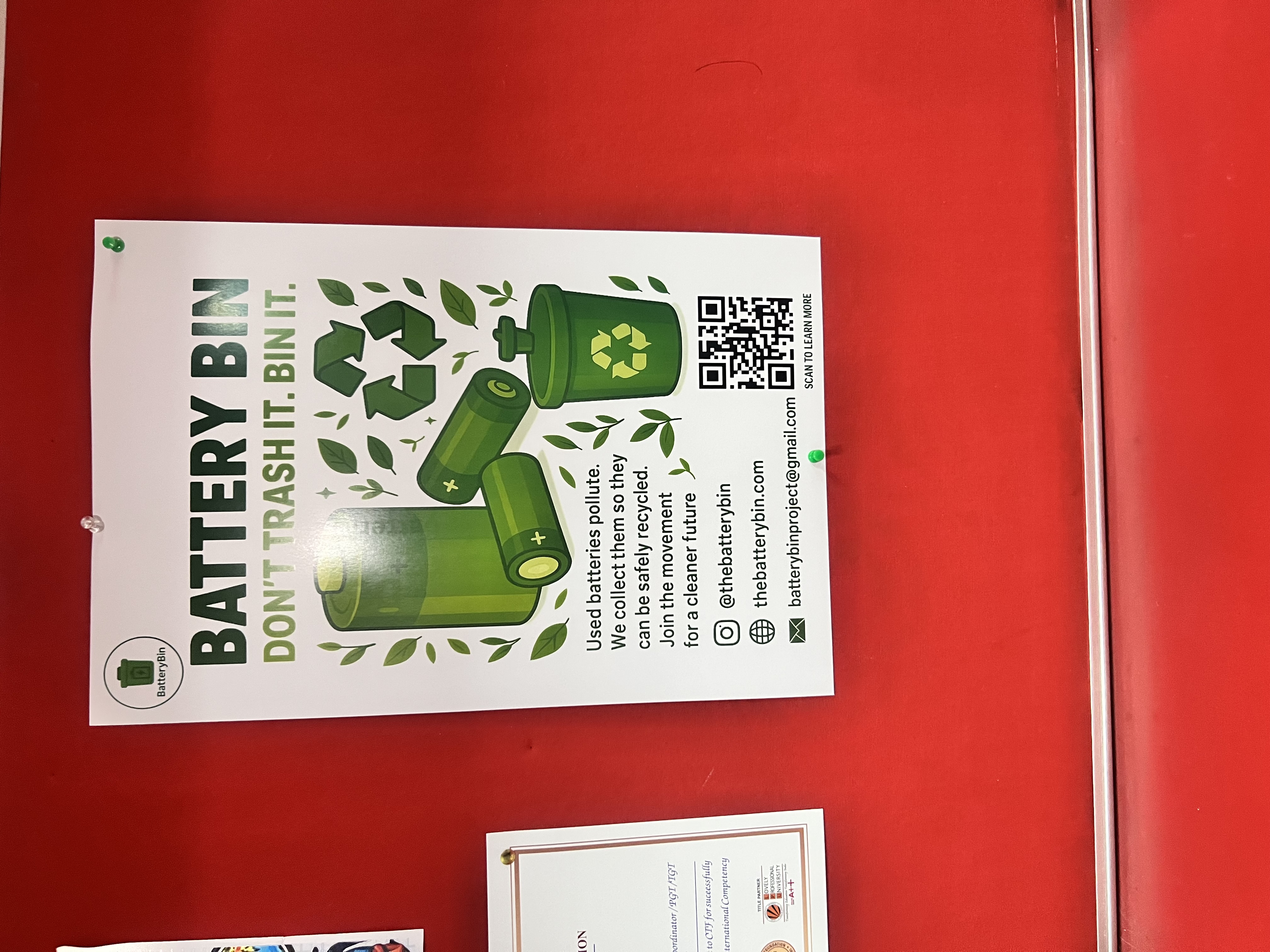 Battery Bin awareness poster on school notice board